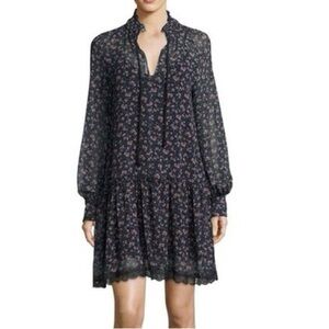 See by Chloe Navy Pink Ditsy Floral Long Sleeve Chiffon Shift Dress Size 42/6 US